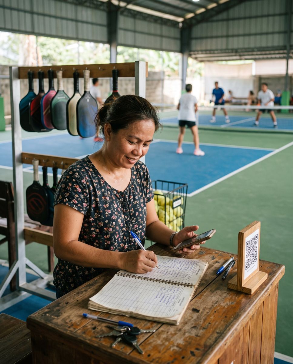 Court owner writing in a booking logbook at the front desk