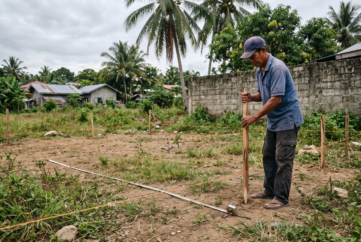 Workers marking an empty lot with stakes and string