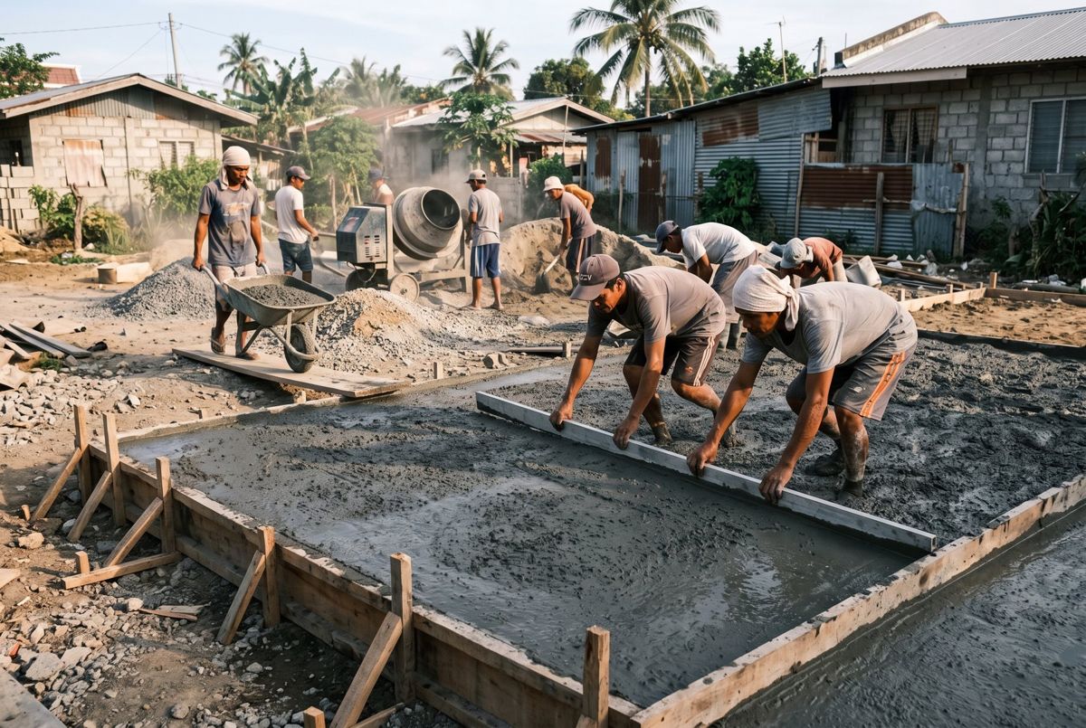 Workers pouring and screeding a concrete court slab