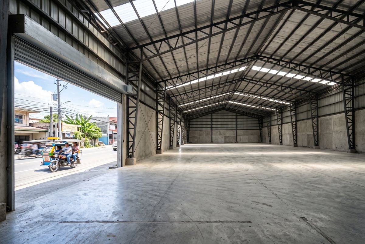 Empty warehouse with a high steel roof
