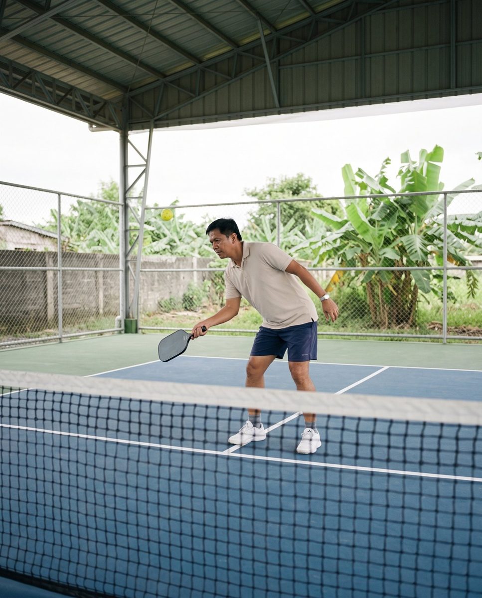 Jun bending at the waist and flicking the ball up