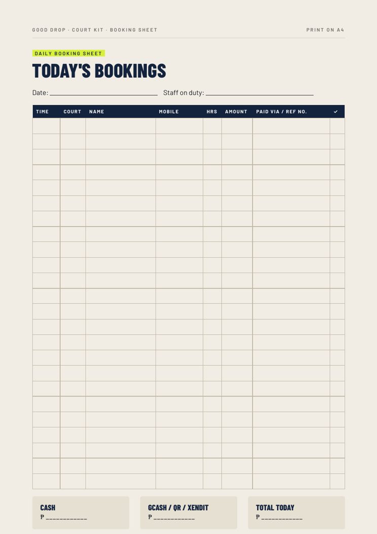 Printable daily booking sheet