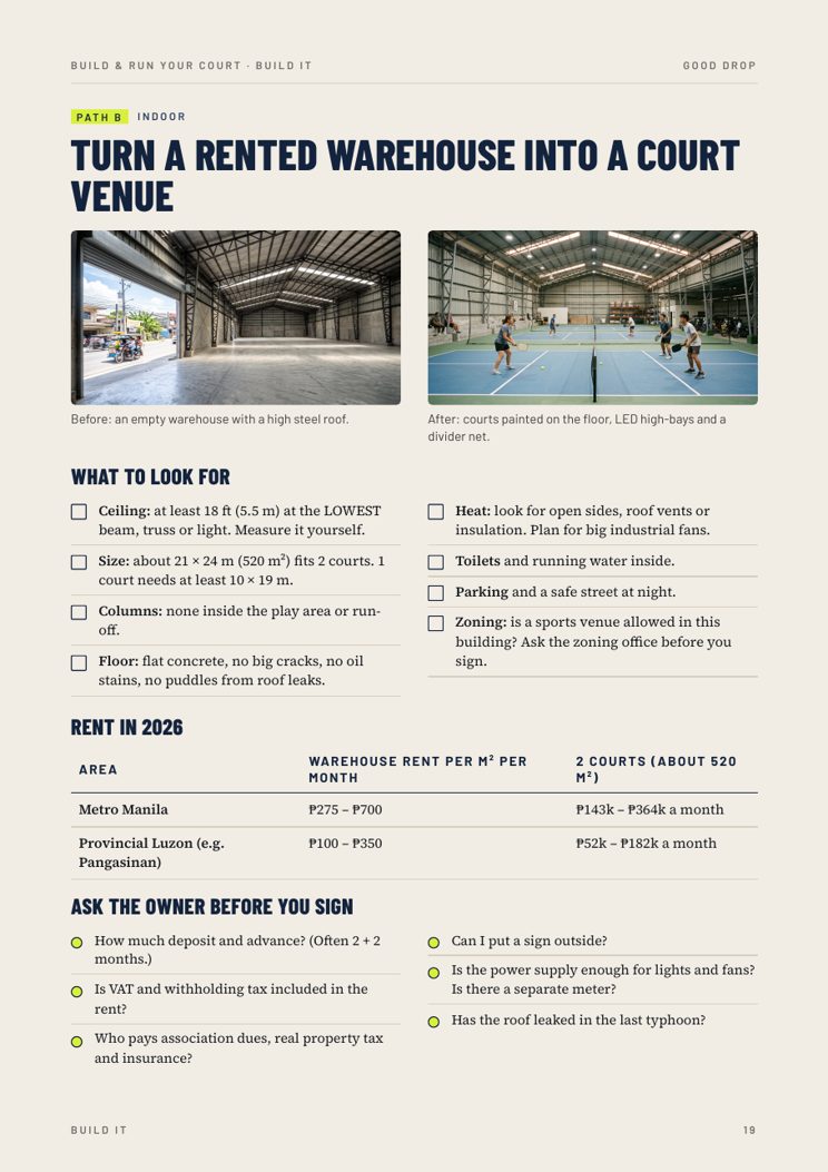 Guide page: turn a warehouse into a court venue